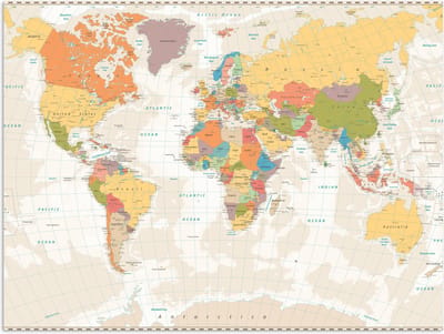 Poster - Wereldkaart - Retro - Kleuren - Educatief - Staatkundig - 40x30 cm