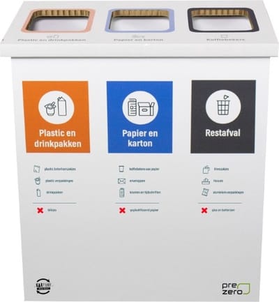 Kartonnen eco bin drie vakken - GFT - Plastic/drinkpakken - Rest - 60 L prullenbak | Andere bedrukking mogelijk - Kartent