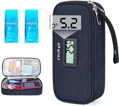 Reis koelbox voor medicijnen met temperatuurweergave - Insuline koeltas met twee 90g ijscompressen, TSA-goedgekeurde insulinehoes voor diabetesbenodigdheden en medicijnen (Marineblauw)