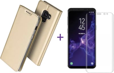 Hoesje geschikt voor Samsung Galaxy S9 - Kunstlederen Wallet Hoesje Goud met Siliconen Houder - Portemonee Hoesje + Glas PET Folie Screen Protector Transparant 0.2mm