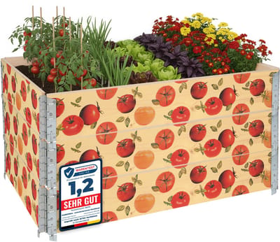Garronda Kweekbak Palletrand Met Print 3-Pack – Natuurlijk - Bloemen - Kruiden - Palletframe - Natuurlijke Verhoogde Bloembedden – 120x80 cm – Tomaat met achtergrond - GD-BUD-PAL-SET