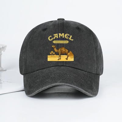 Vintage “Camel” Woestijnscène Print Gewassen Baseballpet - Verstelbare Unisex Vintage Pet voor Buiten Wandelen en Bergbeklimmen zwart