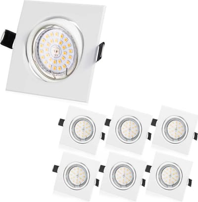 6-Pack Vierkante LED Inbouwspots met Kantelbare GU10 Fitting - LED Lampen Spots - Dimbare, Energiezuinige Verlichting - IP44 - Warm Wit (2700K) - Wit