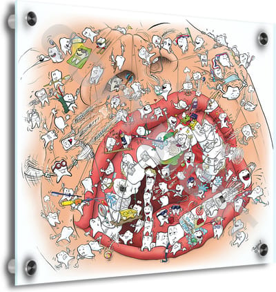 Tandarts Cartoon op plexiglas - Uniek ontwerp - Roland Hols - Gebitszorg - 40 x 40 cm - 5 mm dik - inclusief 4 afstandhouders chroom (zilverkleurig) - Decoratie - Orthodontist - Mondhygiënist
