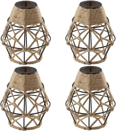 4-Pack Metalen Kooi Lampenkappen – Handgeweven Jute Touw – Industrieel & Elegant – Voor Wand/Plafond/Hang/Tafel/Vloerlamp – Woondecoratie-(Let op: dit is een lampenkap)