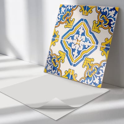 Wallfluent Vinyl Tegels - Mozaïekpatroon met Bloemen Vinyl Wandtegels - 30 cm x 30 cm - Blauw PVC Tegels - Verpakking van 9 stuks - Vierkant PVC Tegels - Texturen Plaktegels - Wand PVC Tegels - Plaktegels Keuken en Badkamer