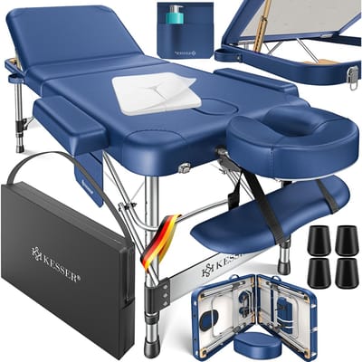 KESSER® Massagetafel inklapbaar 180x61x90cm | Behandeltafel 225kg Draagvermogen & In Hoogte Verstelbaar | Mobiele Massagebank 3-Zone | Aluminium Massagebed met Hoofdsteunen Armsteunen & opbergtas - Marineblauw