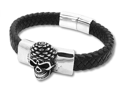Amanto Armband Djonno B - 316L Staal - Leer - Doodskop - 12mm - 22cm