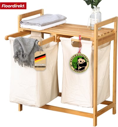 FLOORDIREKT Dakota Wasmand van Bamboe - Wasverzamelaar met 2 Vakken - Wasmand voor Vuile Was - Houten Wassorteerder met grote wasbox