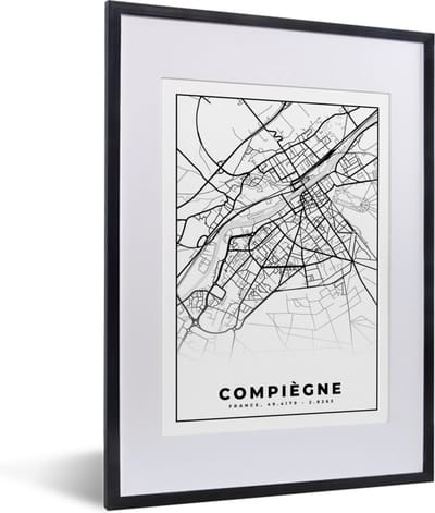 Fotolijst incl. Poster Zwart Wit- Plattegrond - Compiègne - Frankrijk - Stadskaart - Kaart - Zwart wit - 30x40 cm - Posterlijst