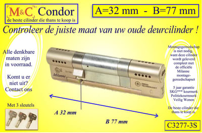 M&C Condor - High Security deurcilinder - SKG*** - 32x77 mm - Politiekeurmerk Veilig Wonen  -  inclusief gereedschap montageset