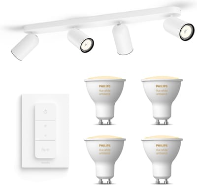 Philips Hue Pongee Opbouwspot (Wit) - Warm tot Koelwit Licht - Incl. Hue Dimmer Switch - Plafondspot met 4 Lichtpunten - GU10 - Hue White Ambiance