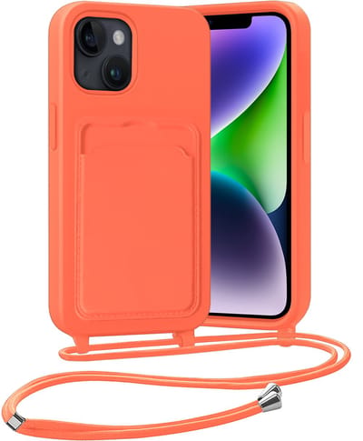 Hoesje Geschikt voor iPhone 14 Plus Hoesje Met Telefoonketting Pasjeshouder Case Koord - Hoesje Geschikt voor iPhone 14 Plus Hoes Met Kaarthouder - Papaya