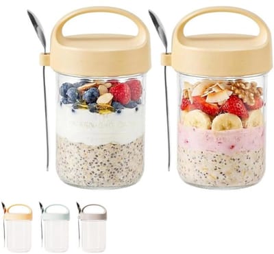 KZQ Overnight Oatmeal Pot - Tweedelige glazen pot met deksel en lepel, luchtdicht en herbruikbaar - Perfect voor het maken van havermout, yoghurt, gemengde granen en salades - Ideaal voor ontbijt, lunch, op reis, school en werk -Geel