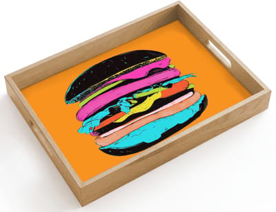 Dienblad hout 40x30 cm - Schootdienblad - Hamburger - Kleurrijk - Speels - Borrelplank rechthoek - Plateau dienbladen