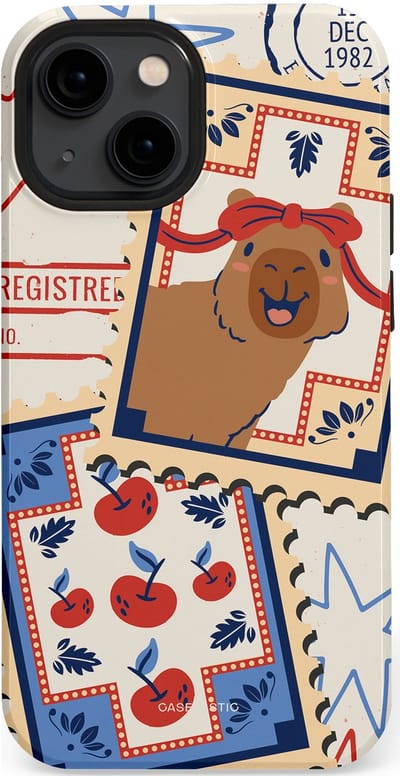 Casetastic hoesje geschikt voor Apple iPhone 13 mini - MagSafe - Dubbellaagse bescherming - Kerst Capibara Post van de Noordpool - Fashion Case - Lichtgrijs Zand Terracotta