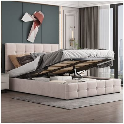Merax Opbergbed met verstelbaar hoofdeinde - 140 x 200 cm - fluwelen stof - lattenbodem - kleur wit
