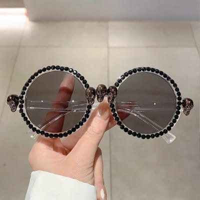 Lunettes de Soleil Rondes Diamant de Luxe Designer Femmes Hommes Vintage Steampunk Fête Squelette Protection UV400 Mode