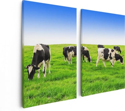 Artaza Canvas Schilderij Tweeluik Kudde Koeien In De Wei - Hemel Blauwe Lucht - 80x60 - Foto Op Canvas - Canvas Print