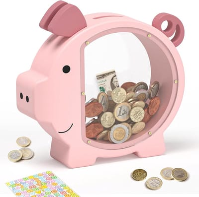 Houten Spaarpot - Kinder Spaarvarken - Geld Leren Besparen - Schattig Piggy Design - 22.9 x 24.1 cm - Roze