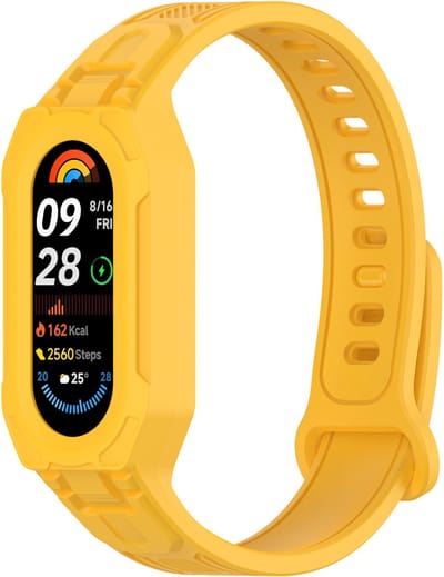 Stravo Beschermende Siliconen Horlogeband – Geschikt voor Xiaomi Smart Band 10 / 9 / 8 / 7 / 6 / 5 – Zachte Siliconen Bandje met Geïntegreerde Beschermhoes – 2-in-1 Bescherming & Comfort - Geel - Voor Xiaomi Mi Band 5 / 6 / 7 / 8 / 9 / 10