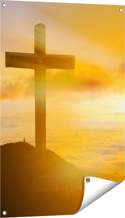 Gards Tuinposter Kruis van Jezus Christus bij Zonsondergang - 60x90 cm - Tuindoek - Tuindecoratie - Wanddecoratie buiten - Tuinschilderij