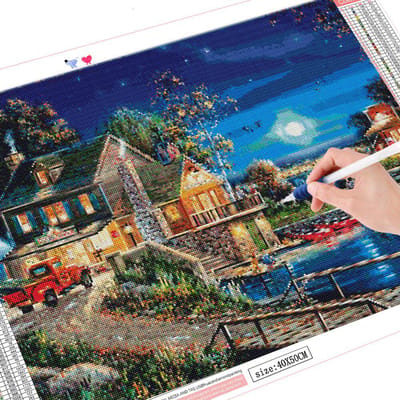 DIY 5D Diamond schilderij landschap Lodge volledige boor ronde huisdecoratie borduurwerk 20X30CM blue