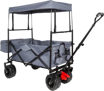 EASTWALL Bolderkar - Opvouwbare Handkar met Dak - 115 x 63 x 110 cm - Transportkar - Tot 80 kg - Verstelbare duw- en trekhandgreep - Inclusief Transparante Regenhoes met Ritssluitingen - Afneembaar Dak - Zwart/Grijs