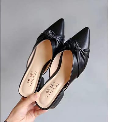 Dames Schoenen met Puntneus Zacht Leer Dames Midden Dikke Hak Antislip Comfortabel Dragen Sandalen Pantoffels Schoenen 41 zwart