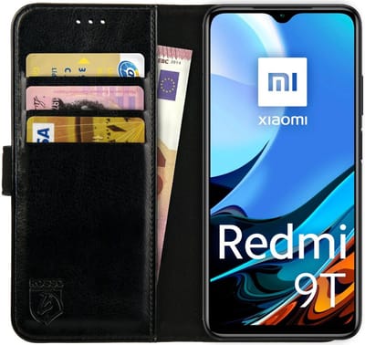Rosso Element Book Case Wallet Hoesje Geschikt voor Xiaomi Redmi 9T | Portemonnee | 3 Pasjes | Magneetsluiting | Stand Functie | Zwart