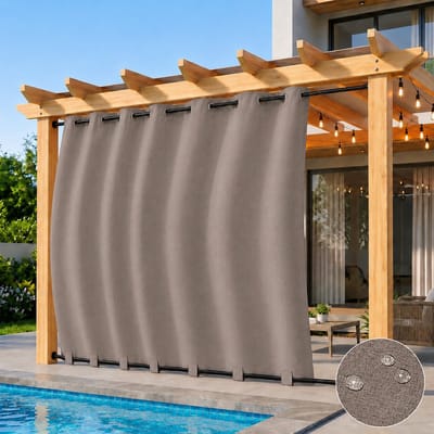 Qelus Linnenlook Buitengordijnen met Ringen en Verborgen Lussen - 254x244 cm - Waterdicht Buitengordijn voor Overkapping - Verduisterend en Winddicht Outdoorgordijn - Linnen Structuur - Taupe - 1 Stuk