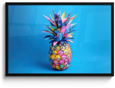 Poster in lijst - Fotolijst 90x60 cm - Posters - Ananas - Blauw - Tropisch - Vrolijk - Posterlijst zwart - Decoratie - Wanddecoratie woonkamer - Muurdecoratie slaapkamer