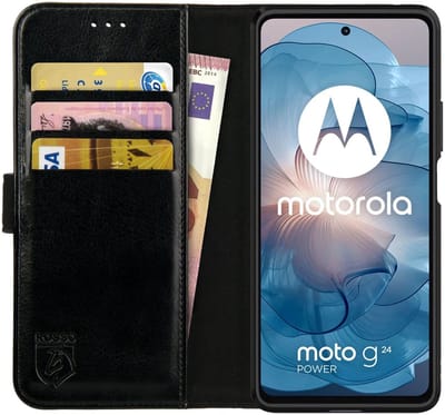 Rosso Element Geschikt voor Motorola Moto G24 Power | Wallet Book Case | Portemonnee Hoesje | 3 Pasjes | Magneetsluiting | Stand Functie | Zwart