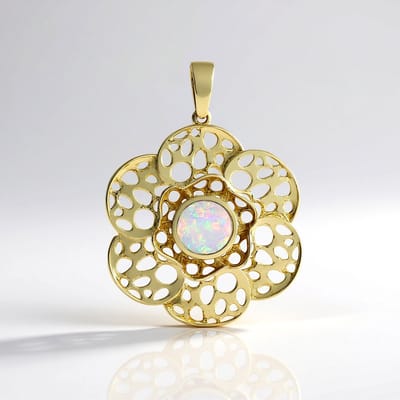 Cavill - Gouden Hanger 375 Geelgoud - AAA Welo Opaal 0,765 ct - Ronde Opal Bloemvorm - Elegante Opaal Goud Hanger uit Ethiopië