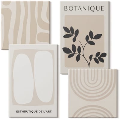 Wallfluent Set van canvas schilderijen - Boho delicate posters met abstracte plantenmotieven Canvas Schilderijen Set - Set van 4 Canvas Schilderijen - Beige Set van Canvas Prints - Natuur Canvas Kunst Set - Boheemse Canvas Kunst Set