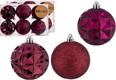 Krist+ gedecoreerde kerstballen -12x st- wijn rood/bordeaux - kunststof - 7 cm