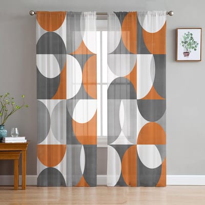 Nordic Retro Middeleeuws Geometrisch Abstract Voile Transparante Gordijnen Woonkamer Raam Tule Gordijn Keuken Slaapkamer Gordijnen Huisdecoratie 135W x 137H(cm)
