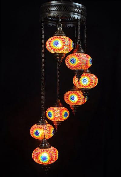 Anatolia Design hanglamp - oosterse kroonluchter - 7 bollen - mozaïek glas - rood tinten - 135 cm lang