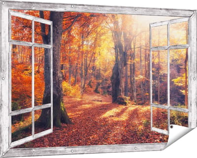 Gards Tuinposter Doorkijk Oranje Herfstbos met Zonneschijn - 150x100 cm - Tuindoek - Tuindecoratie - Wanddecoratie buiten - Tuinschilderij