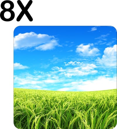 Luxe Placemat - Groen Gras met Blauwe Lucht en Witte Wolken - Set van 8 Placemats - 50x50 cm - 2 mm dik Vinyl - Anti Slip - Afneembaar