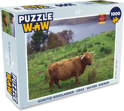Puzzel Schotse Hooglander - Gras - Water -Dieren - Legpuzzel - Puzzel 1000 stukjes volwassenen
