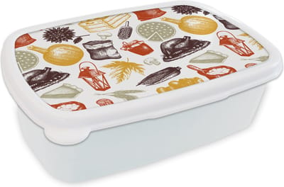 Broodtrommel Wit - Lunchbox - Brooddoos - Thanksgiving - Patronen - Dinner - 18x12x6 cm - Volwassenen