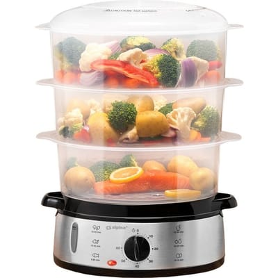alpina Stoomkoker 9L - Stomer 800W - Voedselstomer met Timer en Warmhoudfunctie - Groente Stomer met 3 Lagen - Steamer voor Groente, Rijst, Kip, Fruit, Vis en Eieren - RVS