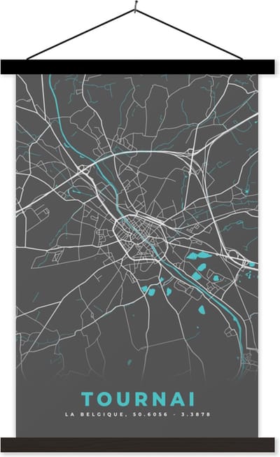 Posterhanger incl. Poster 40x60 cm - Schoolplaat - Kaart – Plattegrond – Stadskaart – Tournai – België - Grijs - Textielposter - Zwarte latten - Stadskaart