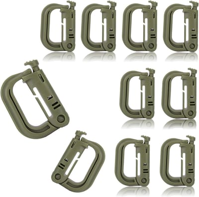Set van 10 D-vormige Plastic Carabiner Haken - Kleine Drukknop Haken in Army Groen voor Tassen, Kleding en Cadeaus