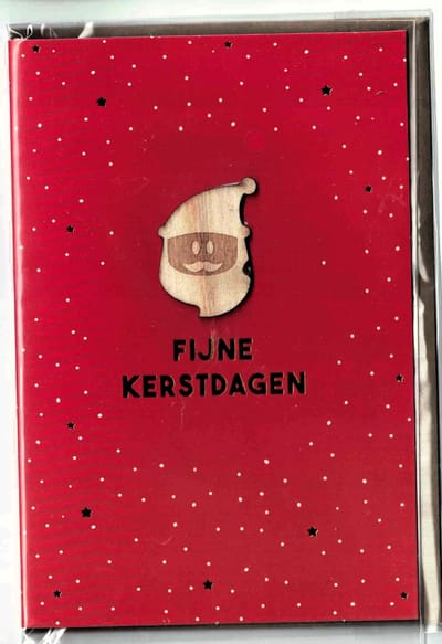 wenskaart - kerstkaart - luxe kerstkaart - Fijne kerstdagen - allerbeste wensen - houten applicatie - kerstman