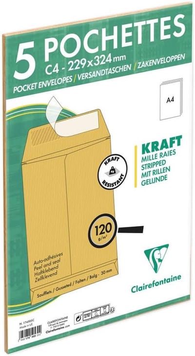 Set van 5 Bruine Kraft Enveloppen C4 (229x324 mm) met 30mm Plads en Zelfklevende Sluiting
