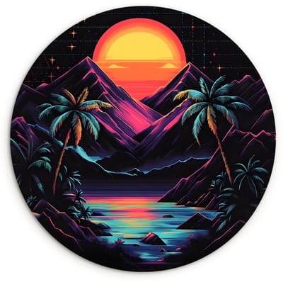 WallCircle® Wandcirkel 120x120 cm - Muurcirkel Palmbomen - Neonbergen - Sterrenhemel - Zon - Muurdecoratie woonkamer - Wanddecoratie slaapkamer - Kamer decoratie accessoires - Ronde schilderijen XXL