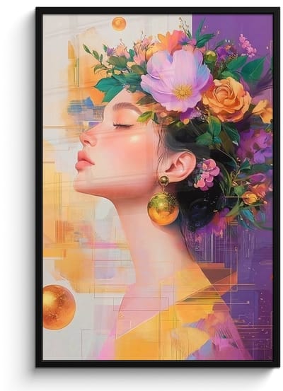 Poster in lijst - Fotolijst 80x120 cm - Posters - Abstract - Vrouw - Bloemenkroon - Goud - Posterlijst zwart - Decoratie - Wanddecoratie woonkamer - Muurdecoratie slaapkamer