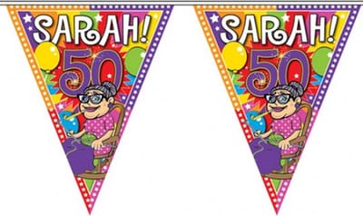 4x Leeftijd versiering vlaggenlijn / vlaggetjes / slinger Sarah 50 jaar geworden thema 10 meter